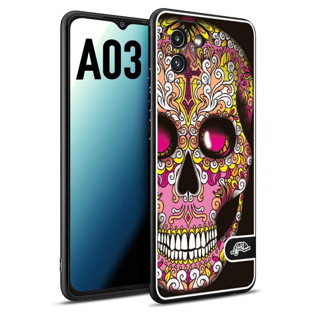 CUSTOMIZZA - Custodia cover nera morbida in tpu compatibile per Samsung A03 teschio messicano Mexican skull rosa gialla