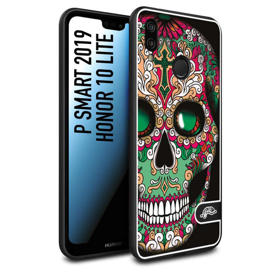 CUSTOMIZZA - Custodia cover nera morbida in tpu compatibile per Huawei P Smart 2019 teschio messicano Mexican skull verde fucsia