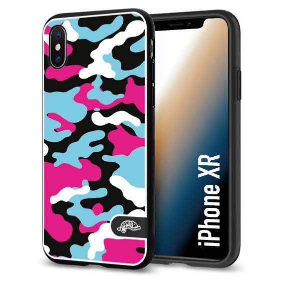 CUSTOMIZZA - Custodia cover nera morbida in tpu compatibile per iPhone Xr camouflage mimetico militare fucsia celeste