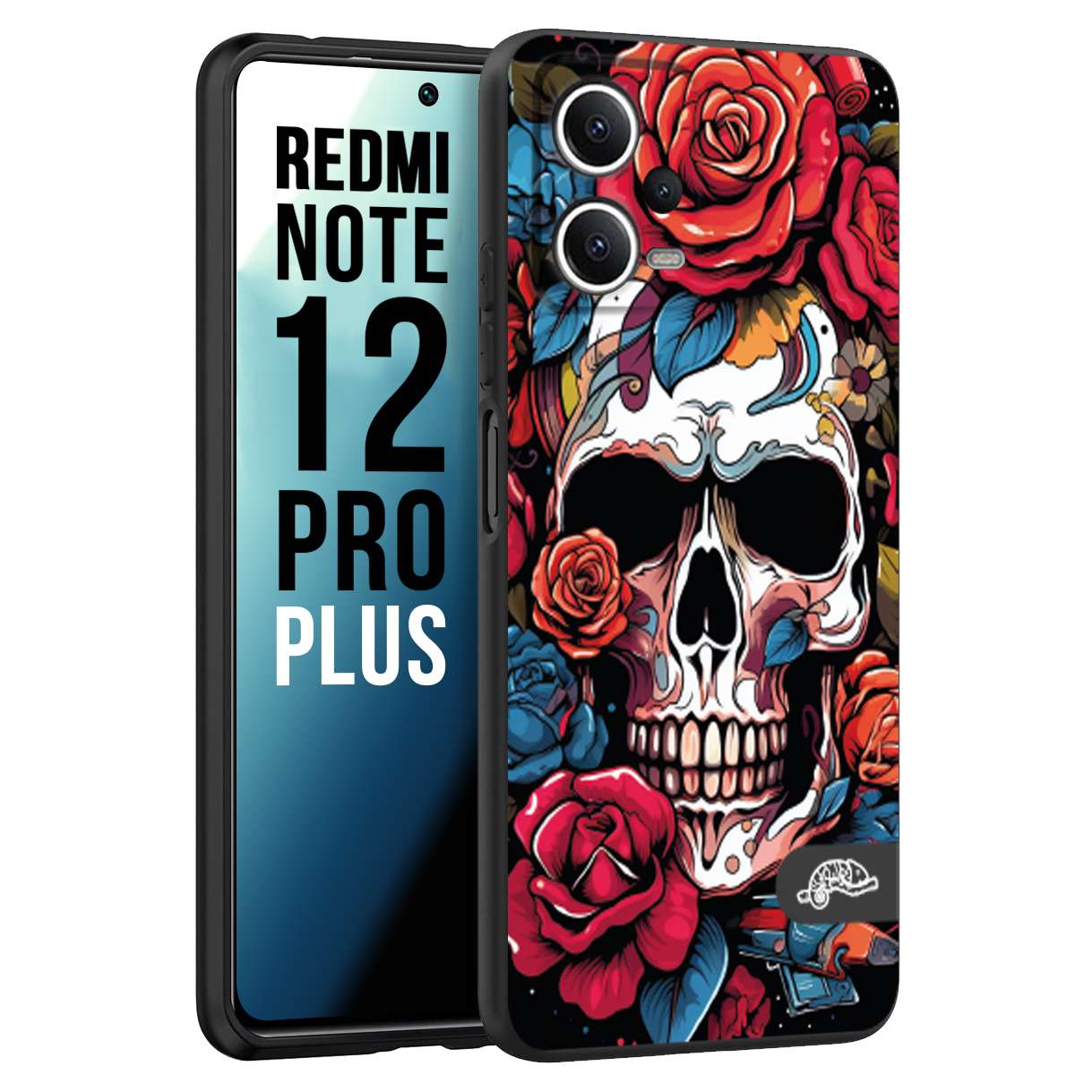 CUSTOMIZZA - Custodia cover nera morbida in tpu compatibile per Xiaomi Redmi Note 12 PRO PLUS teschio skull flowers fiori rose rosse tattoo disegnato