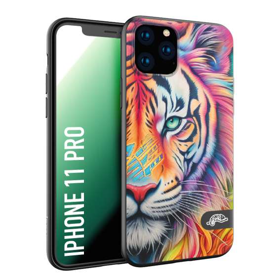 CUSTOMIZZA - Custodia cover nera morbida in tpu compatibile per iPhone 11 PRO animali color tigre tiger viso colori vibranti disegnato schizzo