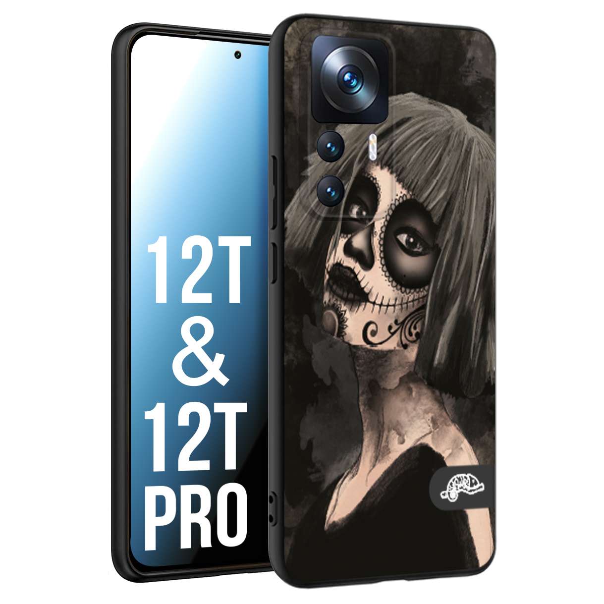 CUSTOMIZZA - Custodia cover nera morbida in tpu compatibile per Xiaomi 12T - 12T PRO chicana messicana dea de la muerte donna santa tattoo disegnata