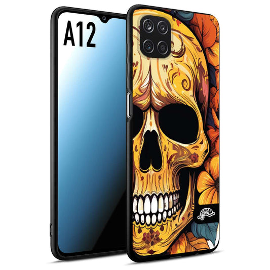 CUSTOMIZZA - Custodia cover nera morbida in tpu compatibile per Samsung A12 teschio messicano colorato dorato fiori autunnali disegnato