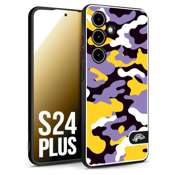 CUSTOMIZZA - Custodia cover nera morbida in tpu compatibile per Samsung S24 PLUS camouflage mimetico militare viola lilla giallo