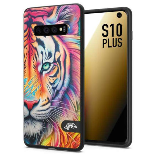 CUSTOMIZZA - Custodia cover nera morbida in tpu compatibile per Samsung S10 PLUS animali color tigre tiger viso colori vibranti disegnato schizzo