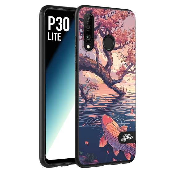 CUSTOMIZZA - Custodia cover nera morbida in tpu compatibile per Huawei P30 LITE giapponese lago carpa koi rosa con foglie d'acero disegnata tattoo