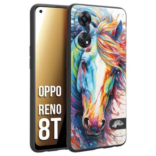 CUSTOMIZZA - Custodia cover nera morbida in tpu compatibile per Oppo Reno 8T animali color cavallo horse viso colori vibranti disegnato schizzo