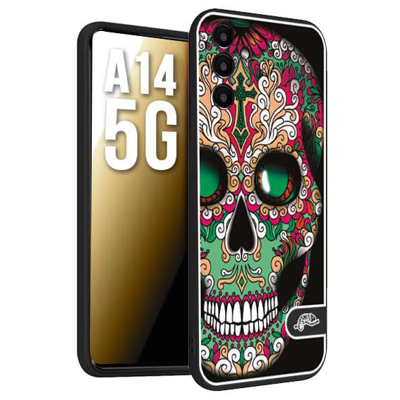 CUSTOMIZZA - Custodia cover nera morbida in tpu compatibile per Samsung A14 5G teschio messicano Mexican skull verde fucsia