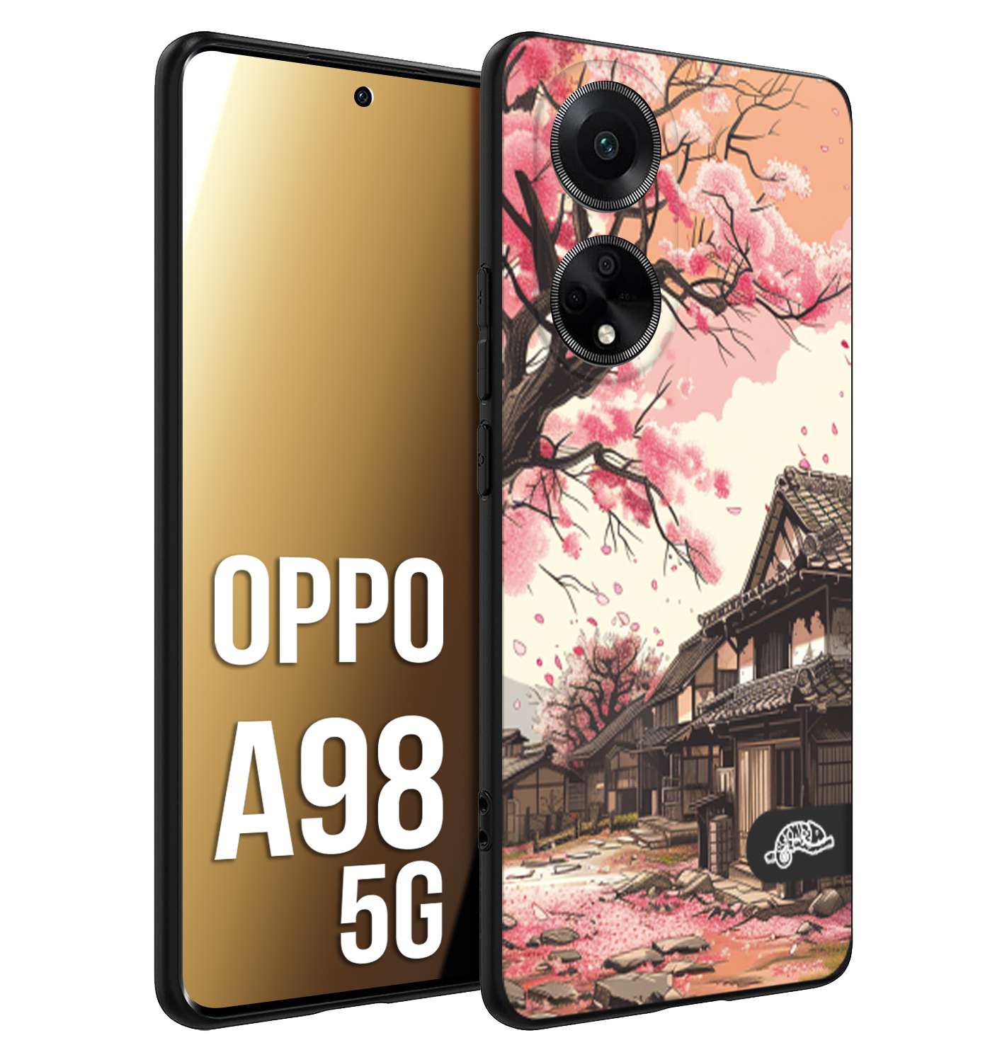 CUSTOMIZZA - Custodia cover nera morbida in tpu compatibile per Oppo A98 5G casa giapponese rosa ciliegio in fiore disegnata tattoo