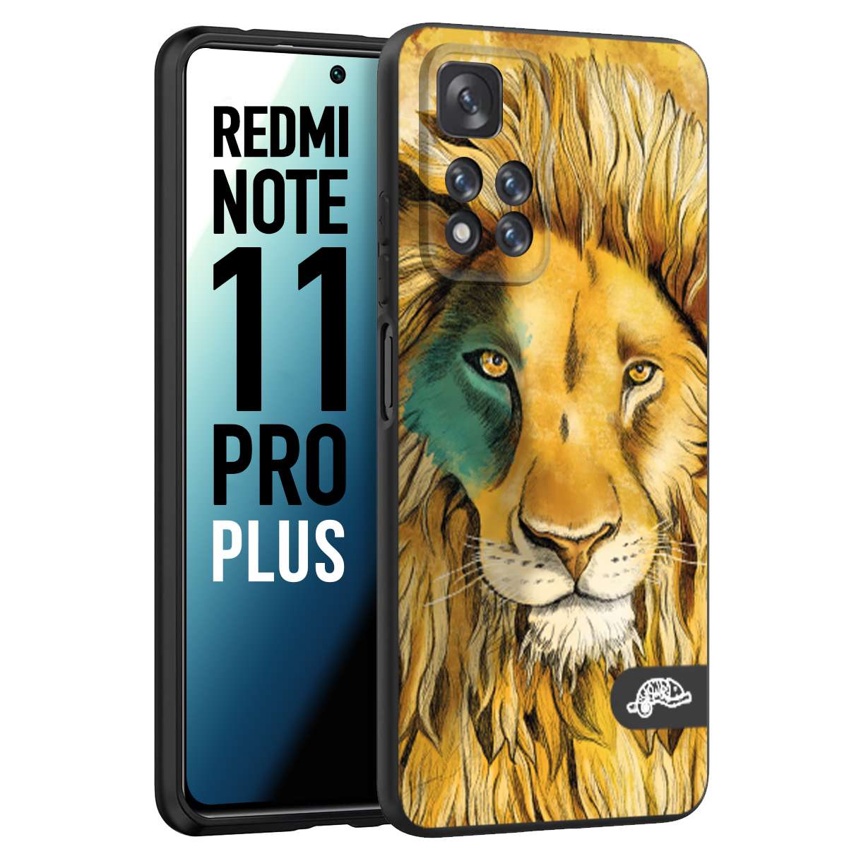 CUSTOMIZZA - Custodia cover nera morbida in tpu compatibile per Xiaomi Redmi Note 11 PRO PLUS leone lion disegnato a mano giallo blu a rilievo artistico brown