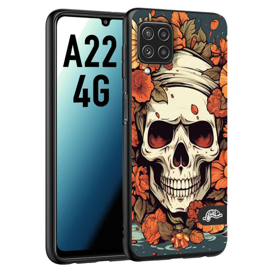 CUSTOMIZZA - Custodia cover nera morbida in tpu compatibile per Samsung A22 4G teschio skull flowers fiori tattoo disegnato alta definizione