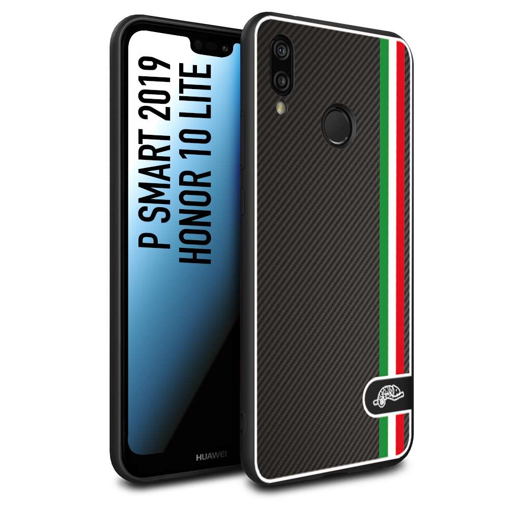 CUSTOMIZZA - Custodia cover nera morbida in tpu compatibile per Huawei P Smart 2019 effetto fibra di carbonio bandiera Italia made in Italy