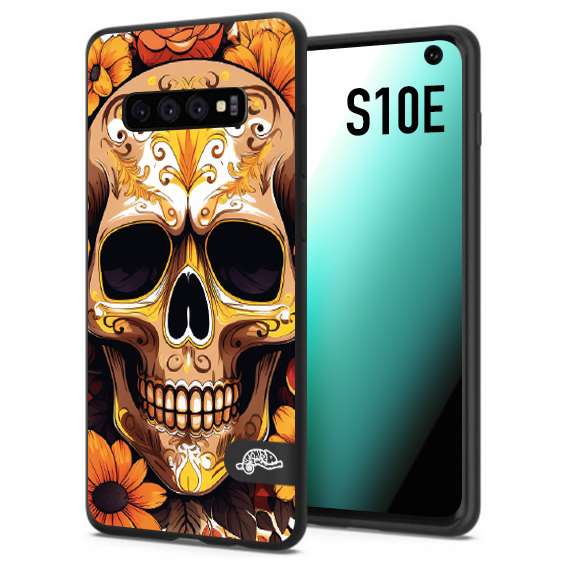 CUSTOMIZZA - Custodia cover nera morbida in tpu compatibile per Samsung S10E teschio messicano colorato dorato fiori tattoo disegnato