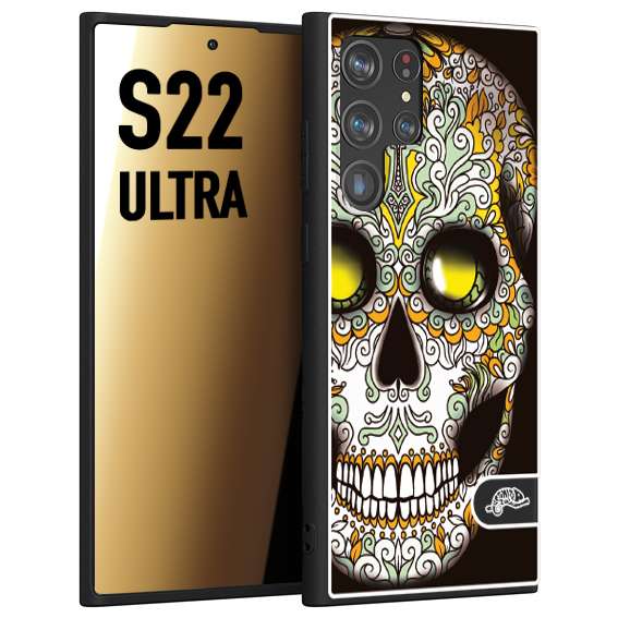 CUSTOMIZZA - Custodia cover nera morbida in tpu compatibile per Samsung S22 ULTRA teschio messicano Mexican skull bianco verde giallo