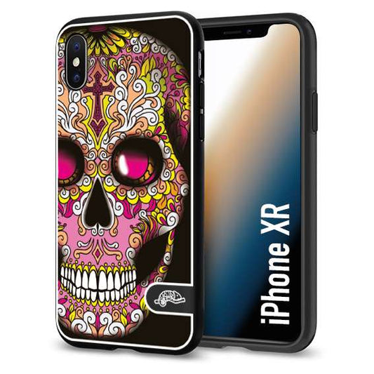 CUSTOMIZZA - Custodia cover nera morbida in tpu compatibile per iPhone Xr teschio messicano Mexican skull rosa gialla