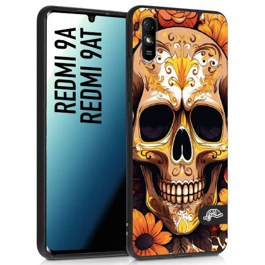 CUSTOMIZZA - Custodia cover nera morbida in tpu compatibile per Xiaomi Redmi 9A - 9AT teschio messicano colorato dorato fiori tattoo disegnato