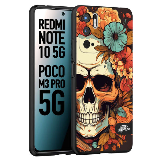 CUSTOMIZZA - Custodia cover nera morbida in tpu compatibile per Xiaomi Redmi Note 10 5G - Poco M3 Pro 5G teschio skull flowers fiori autunnali arancio celeste tattoo