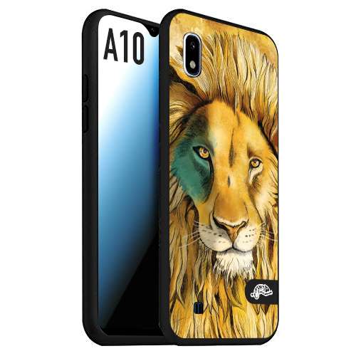 CUSTOMIZZA - Custodia cover nera morbida in tpu compatibile per Samsung A10 leone lion disegnato a mano giallo blu a rilievo artistico brown