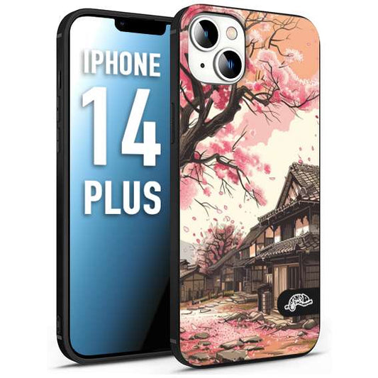 CUSTOMIZZA - Custodia cover nera morbida in tpu compatibile per iPhone 14 PLUS casa giapponese rosa ciliegio in fiore disegnata tattoo