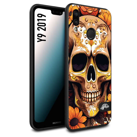 CUSTOMIZZA - Custodia cover nera morbida in tpu compatibile per Huawei Y9 2019 teschio messicano colorato dorato fiori tattoo disegnato